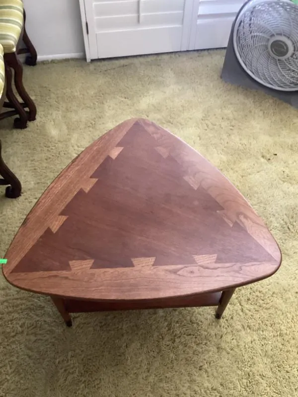 Triangle mid-century end table with dovetail inlay
