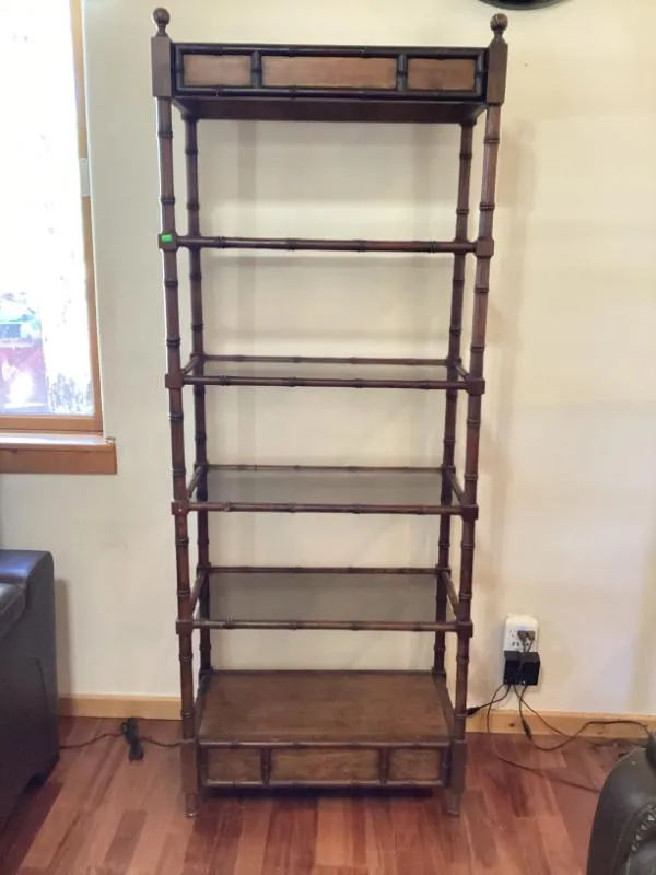 Tall wood shelf with glass shelves