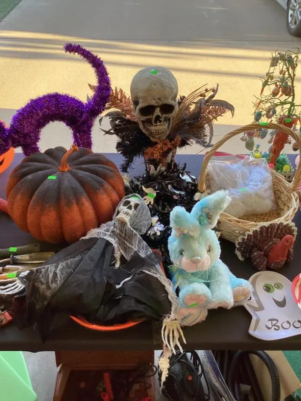 Halloween pumpkins, a skull and purple cats