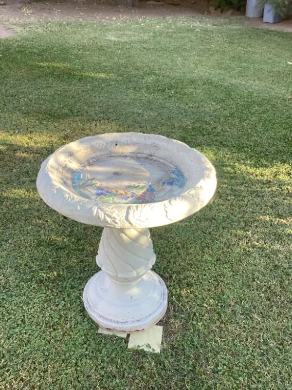 White pedestal bird bath on the lawn