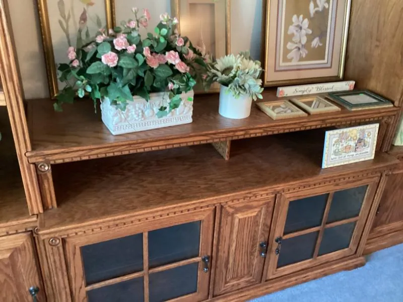Wood entertainment center with cabinet doors