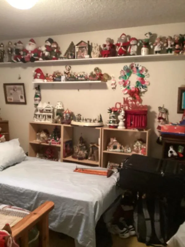 Shelves of Christmas decorations and plush toys