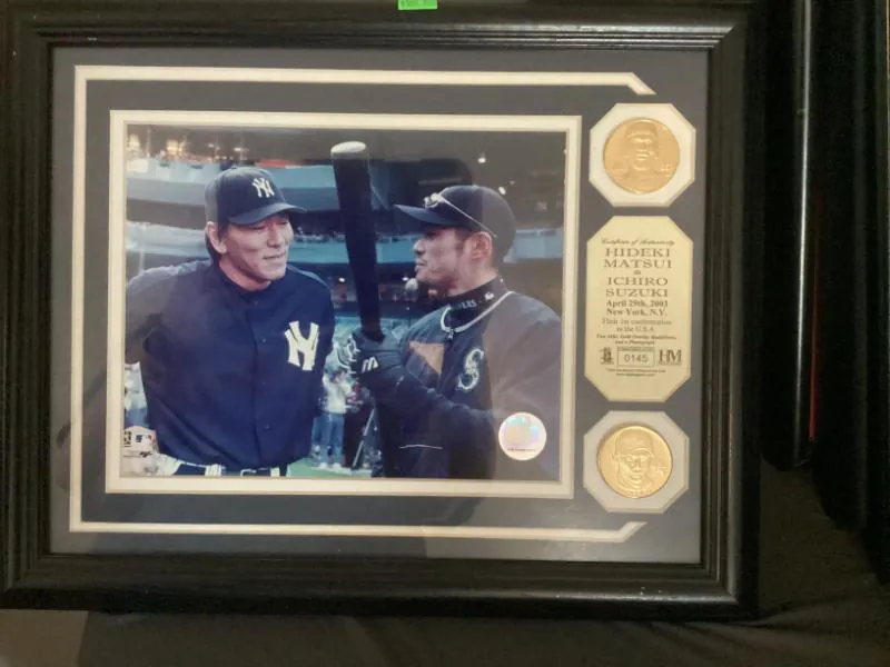 Framed baseball photo display with coins