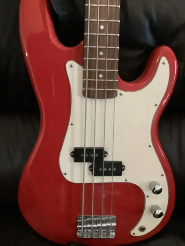 Red bass guitar