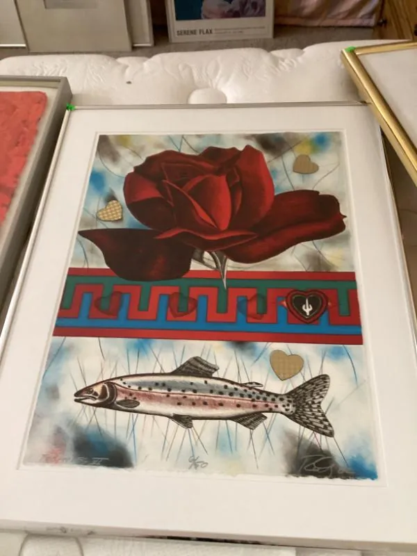 Framed print of a red rose above a trout
