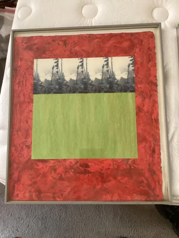 Framed artwork with a red border around a green field