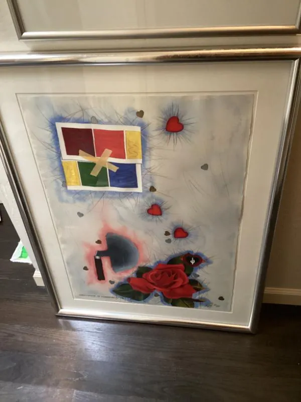 Framed artwork with a rose, hearts and a color-block window