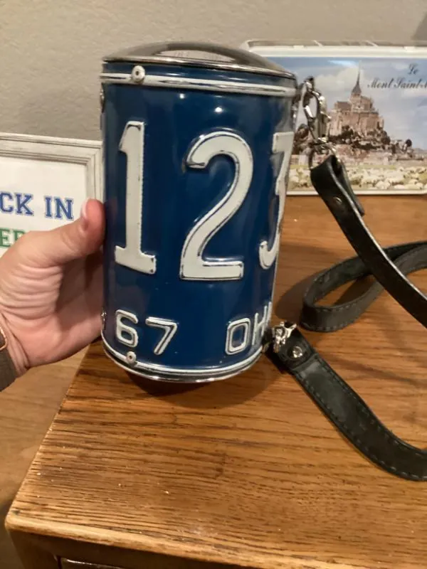Purse made from a blue license plate