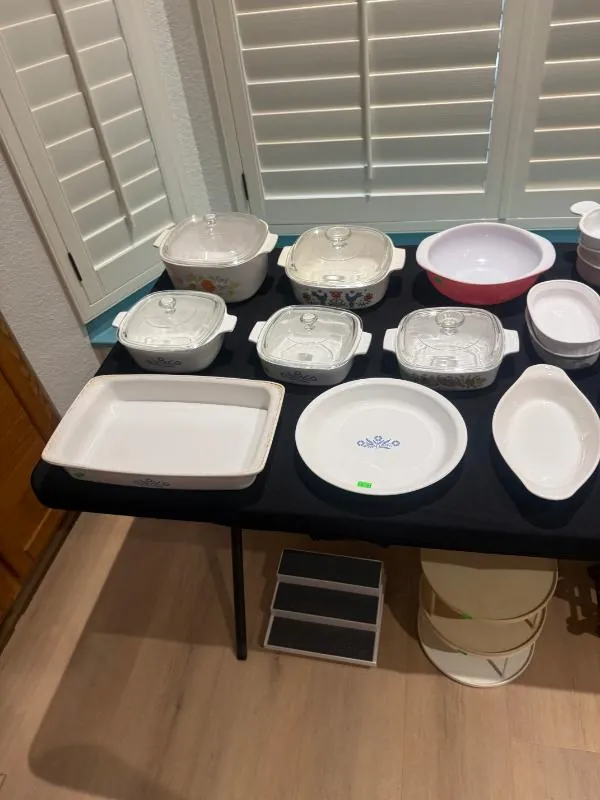 Table of white bakeware and serving dishes
