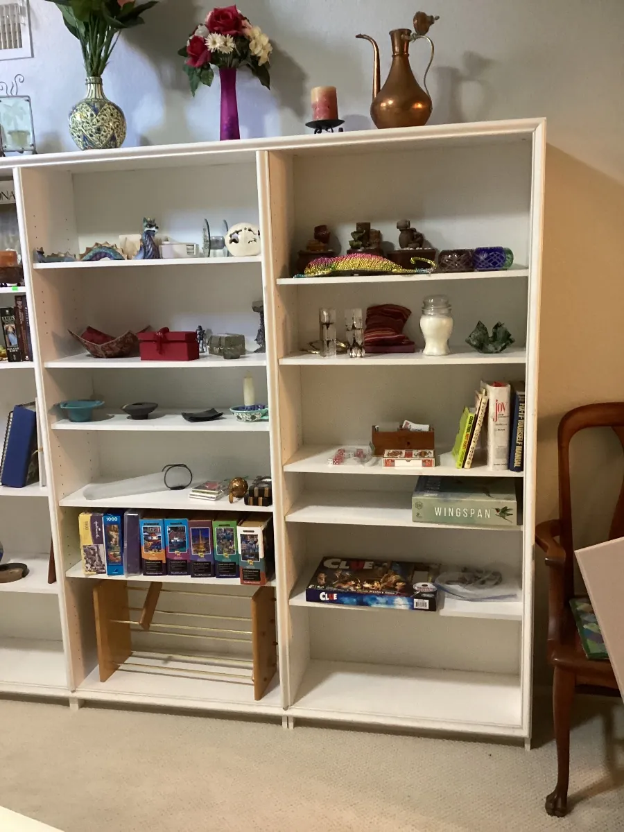 White bookshelves filled with books and decor