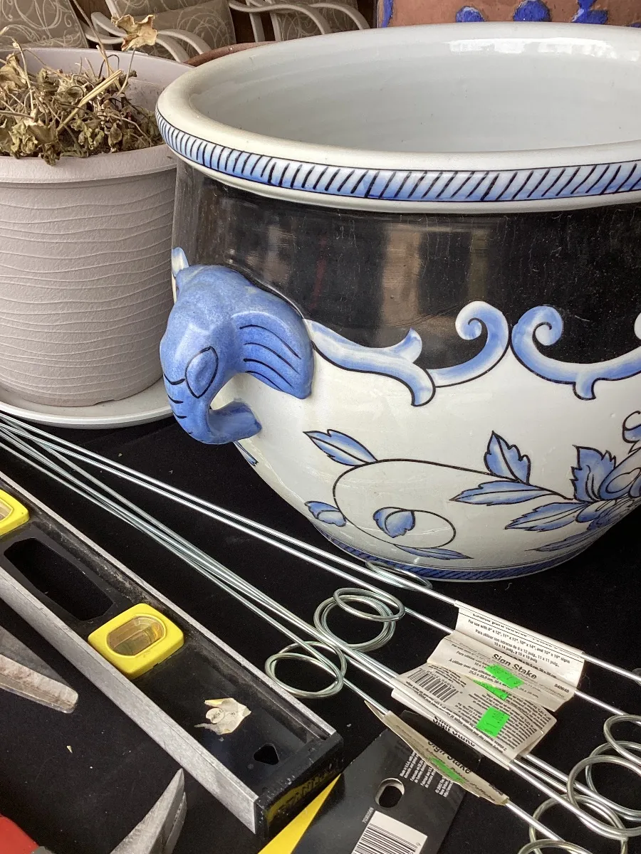 Large blue and white ceramic planter